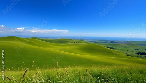 Rolling Green Hills Meet Ocean Horizon Under Blue Sky