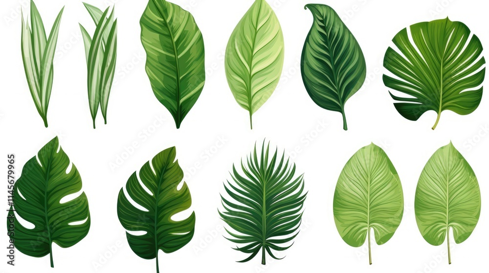 Fototapeta premium Collection of vibrant tropical leaves isolated on a white background showcasing diverse exotic foliage and rich green hues