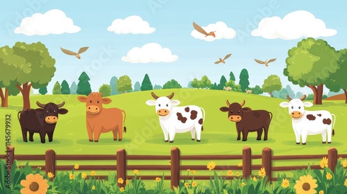 Herd of cartoon cows grazing in a sunny pasture surrounded by trees and flowers on a beef cattle farm illustration