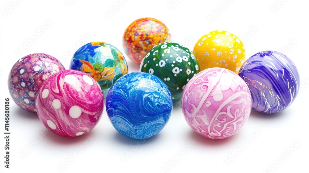 Fototapeta premium Colorful decorative balls in artistic designs arranged on a clean white background for creative displays and artistic projects.