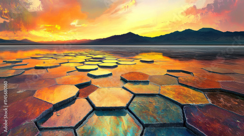 Hexagonal Salt Flat Sunset: Fibonacci Sequence in Vivid Colors