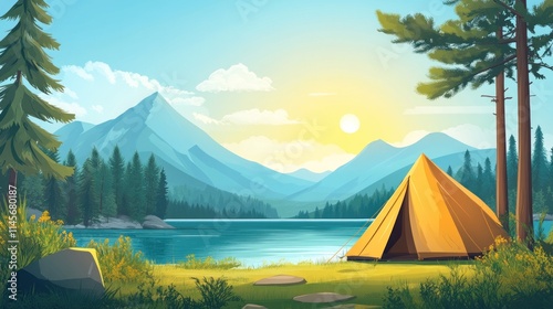 Wallpaper Mural Lakeside Camping Scene With Mountains And Tent Torontodigital.ca