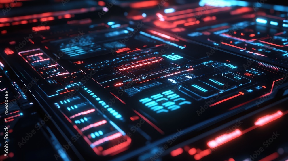 Obraz premium Futuristic digital interface with glowing servers and technology data visualization in a cybernetic environment