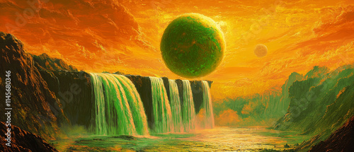 Alien Waterfall Landscape: Green Planet, Orange Sky, Surreal Art
