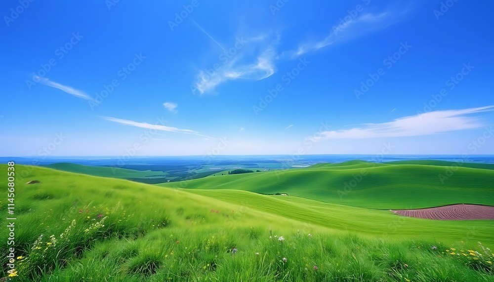 Vibrant Green Rolling Hills Under a Blue Sky Vibrant Green Rolling Hills Under a Blue Sky