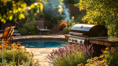 Summer Backyard BBQ: Grill, Pool, Flowers, Relaxation, Photo