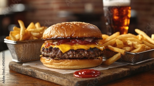 Classic American Fast Food Meal on Counter, Focusing on Two Burgers and French Fries in a Casual Dining Environment, with a Beer Glass for Relaxed Indulgence