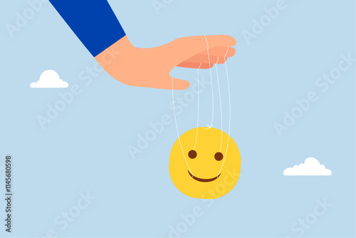 Control emotion, businessman hands bound with string to manage, influence grin like marionette. 