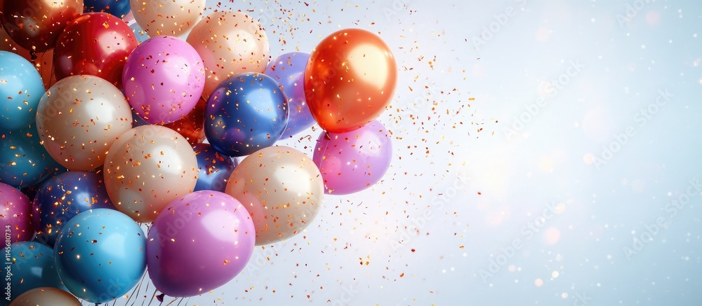 Festive multicolored balloons with confetti on a soft background ideal for birthday celebrations and event decorations Festive multicolored balloons with confetti on a soft background ideal for birthday celebrations and event decorations