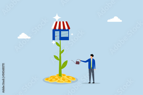 Grow your shop and earn more profit, entrepreneur watering a plant to nurture it in a large flower shop. 