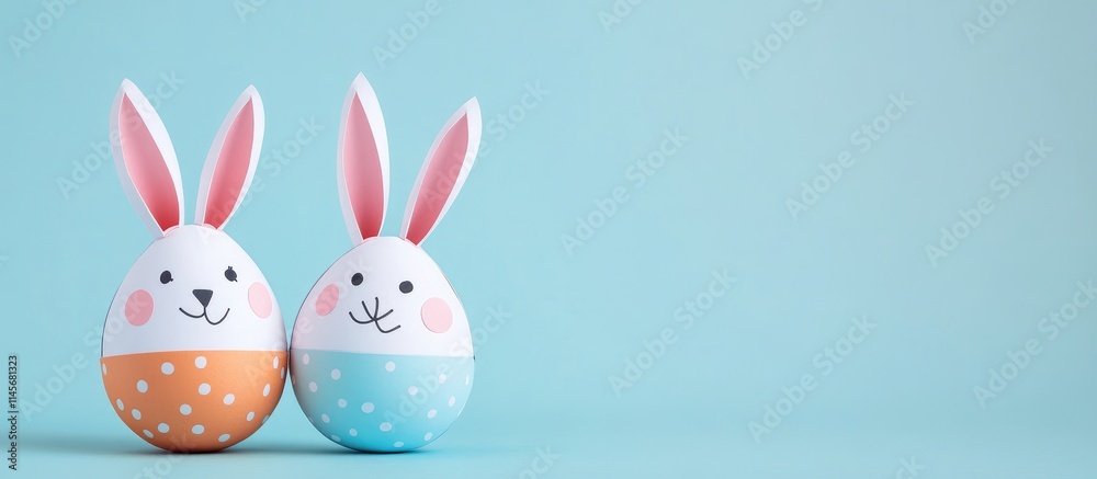 Obraz premium Easter Bunnies Decorated Eggs on Turquoise Background Creative DIY Concept with Space for Text