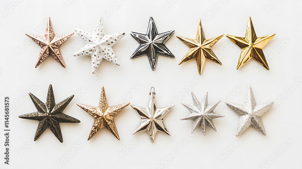 Ten decorative star ornaments in various metallic finishes and textures arranged on a white background.  Perfect for holiday and celebration themes.