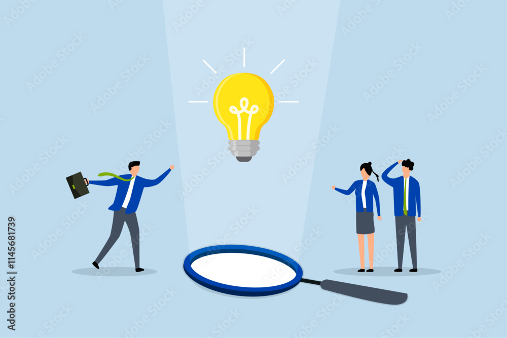 team of business professionals observing a lightbulb suspended from magnifying glass. team of business professionals observing a lightbulb suspended from magnifying glass.