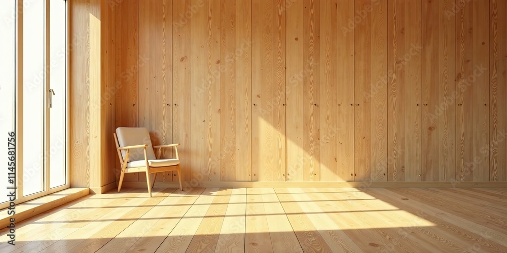 Sunlight Illuminates a Minimalist Room with Wooden Walls and a Single Chair Sunlight Illuminates a Minimalist Room with Wooden Walls and a Single Chair