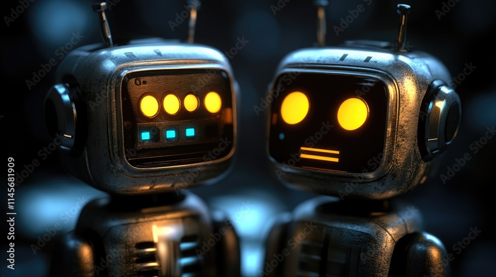 Fototapeta premium Retro-styled chatbots designed for human interaction showcasing customer support automation and advanced technology concepts in a digital environment