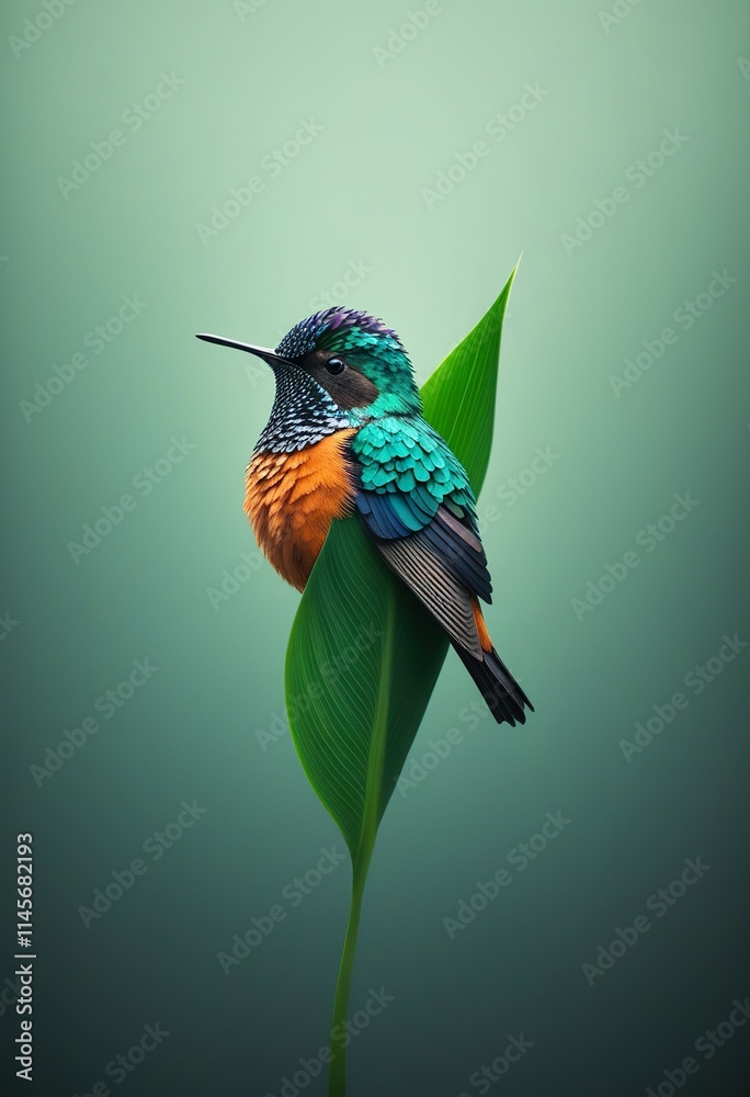 Fototapeta premium A vividly colored hummingbird rests on a large, vibrant green leaf. The background is a soft, muted green. The image evokes a sense of tranquility and the beauty of nature.