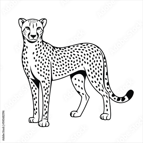 a cheetah standing tall. The cheetah is drawn in a black and white style, highlighting its sleek and spotted body.