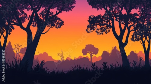 Silhouetted Trees Against a Vibrant Gradient Sunset Sky in Nature Landscape