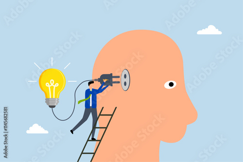 Creativity and idea thinking, clever entrepreneur ascends the steps to connect an innovative lightbulb to his mind. 