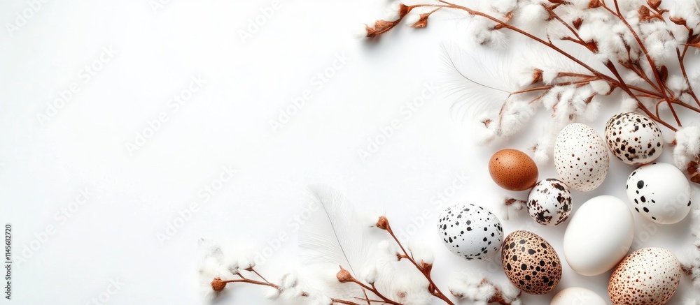 Elegant arrangement of cotton quail eggs and feathers on white background for postcard design showcasing nature's beauty and tranquility Elegant arrangement of cotton quail eggs and feathers on white background for postcard design showcasing nature's beauty and tranquility