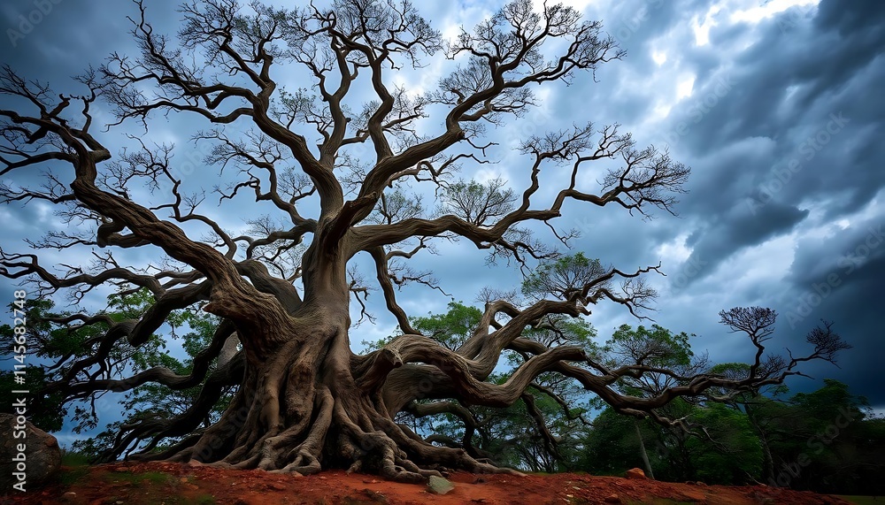 Ancient Twisted Tree Against Stormy Sky Ancient Twisted Tree Against Stormy Sky