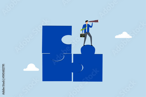 Finding solution, entrepreneur positioned on unfinished puzzle searching for absent fragment. 