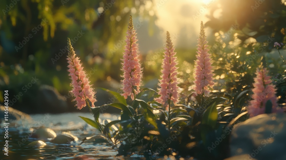 Delicate pink flowers blooming by a serene garden stream at sunset with soft golden lighting and lush greenery Delicate pink flowers blooming by a serene garden stream at sunset with soft golden lighting and lush greenery