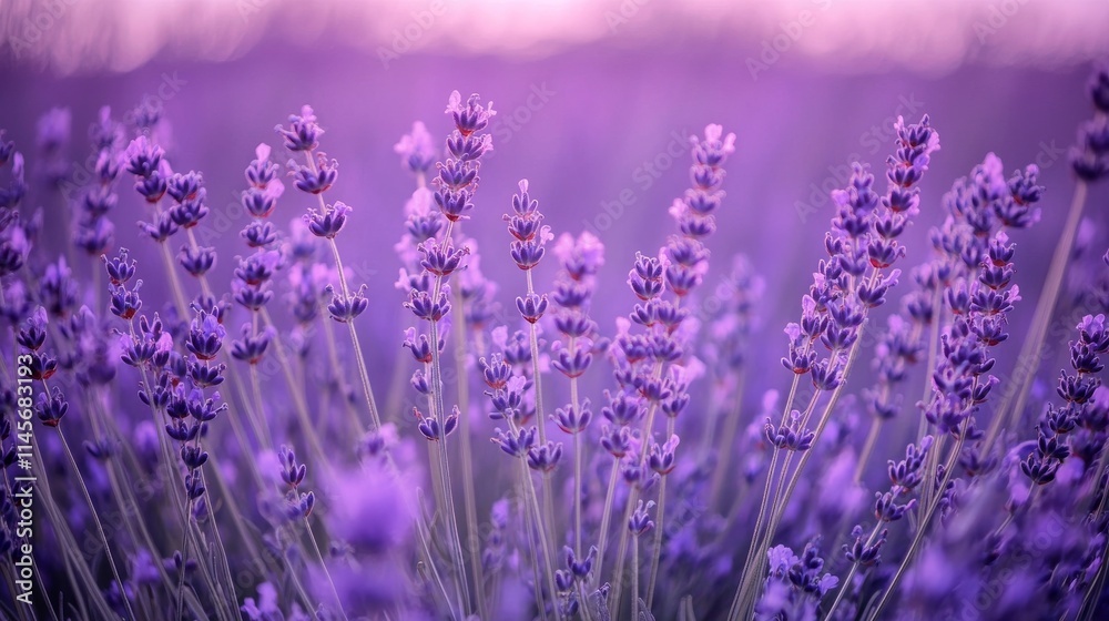 Naklejka premium A field of lavender flowers under a purple twilight sky, wide-angle shot, Twilight tranquility style