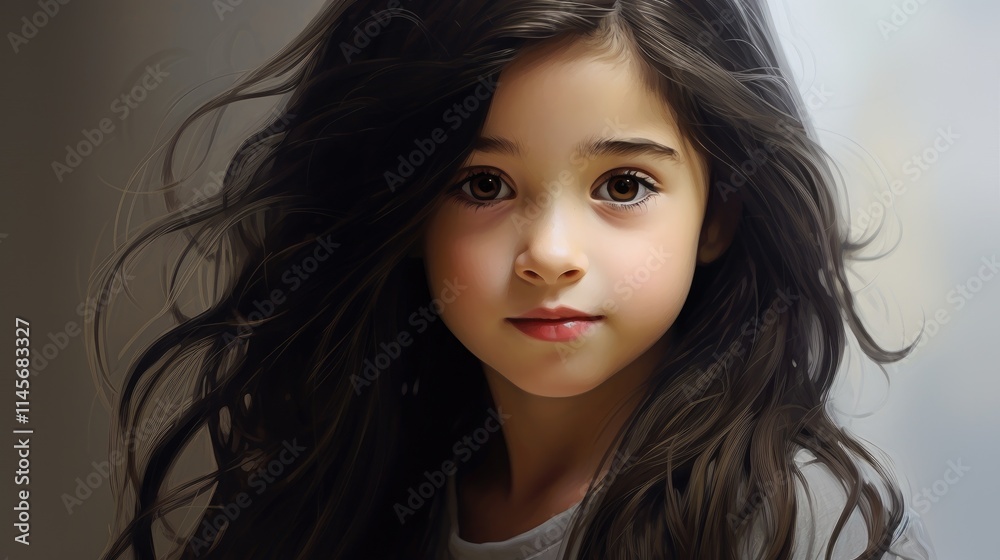 Charming young girl with long dark hair captivatingly gazing at the viewer with a soft expression and flowing locks in natural light Charming young girl with long dark hair captivatingly gazing at the viewer with a soft expression and flowing locks in natural light