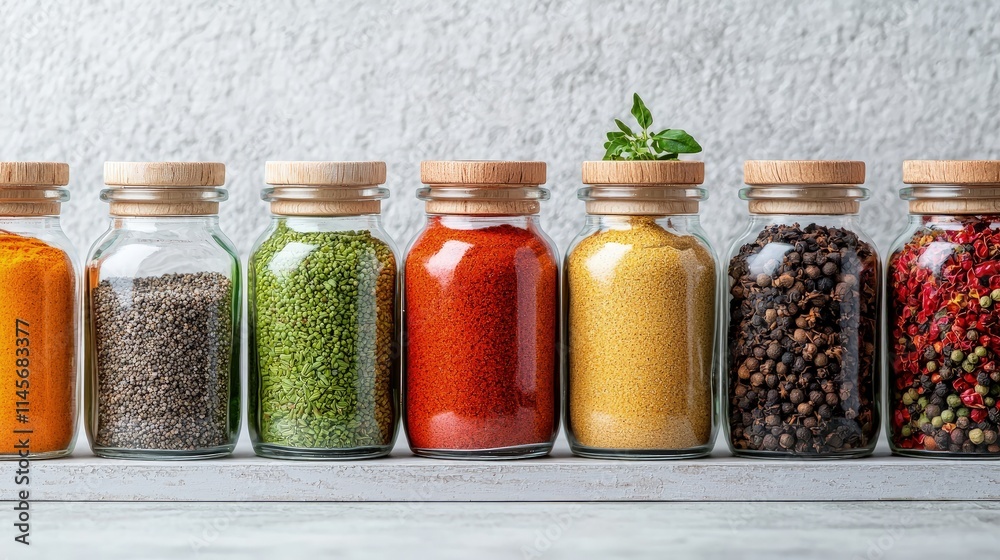 Colorful spices in glass jars on a shelf. Colorful spices in glass jars on a shelf.