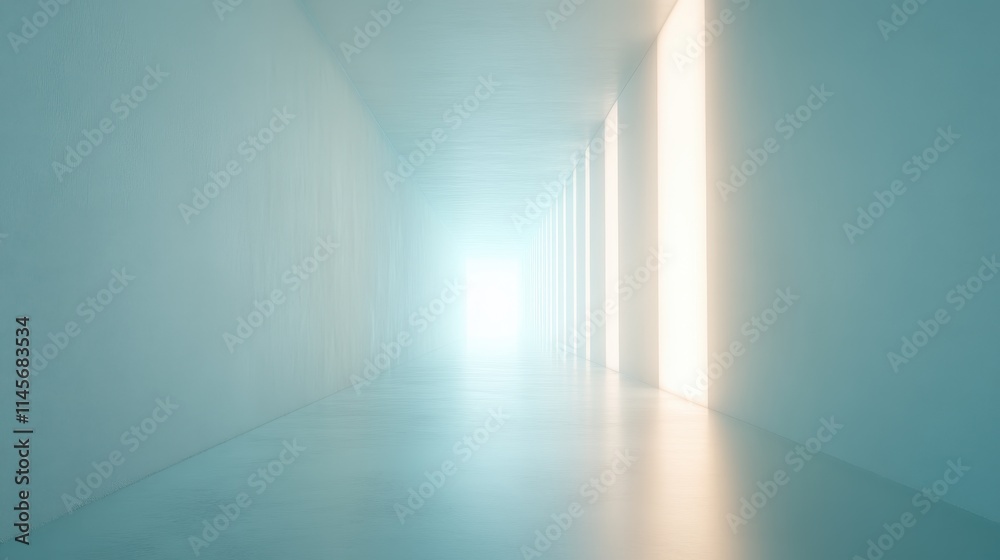 A long, narrow hallway with a light shining through a window A long, narrow hallway with a light shining through a window