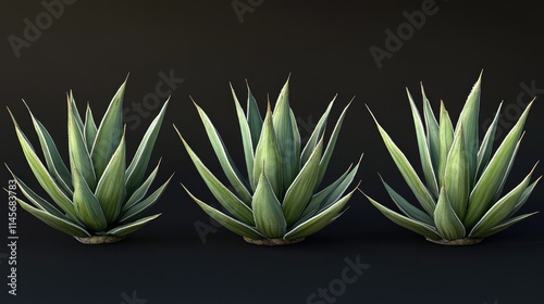 Agave Aloe Yucca plants displaying distinct spikes and lush green foliage on a dark background suitable for botanical themes and design projects