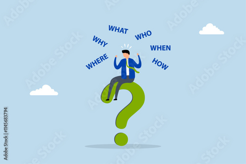 5w1h asking questions for solution to solve problem, composed entrepreneur contemplating a big question mark pondering who, what, where, when, why, and how. 