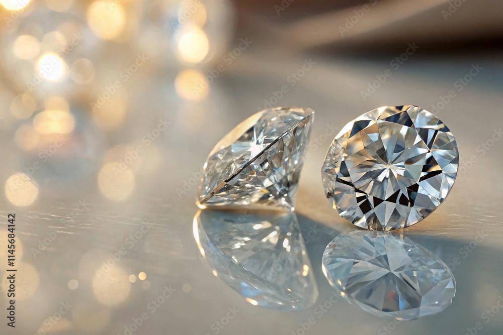diamond engagement ring, Sparkling Diamonds on Reflective Surface Close-up of sparkling diamonds placed on a reflective surface, showcasing their brilliance and clarity under soft lighting diamond engagement ring, Sparkling Diamonds on Reflective Surface Close-up of sparkling diamonds placed on a reflective surface, showcasing their brilliance and clarity under soft lighting