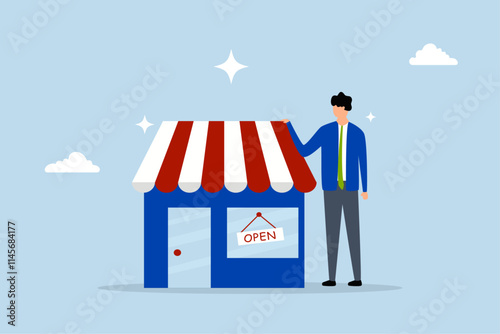 Business owner start small business, entrepreneur standing proudly with his newly launched business 