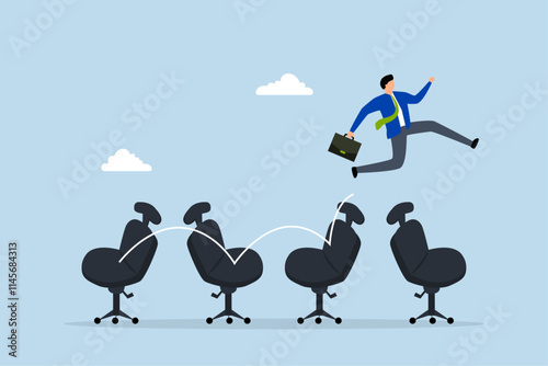 Job hopping, happy job seeker leaping from desk chair to new workspace symbolizing frequent job transitions. 