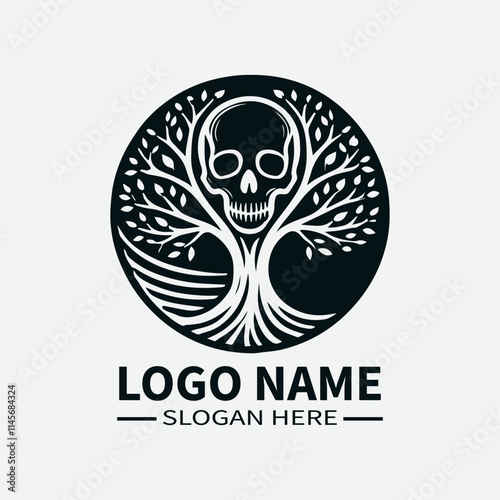Tree of Life Skull Logo Design, Skull and Tree Symbol Logo, Life and Death Logo, Nature and Mortality Logo, Dark Fantasy Logo. 
