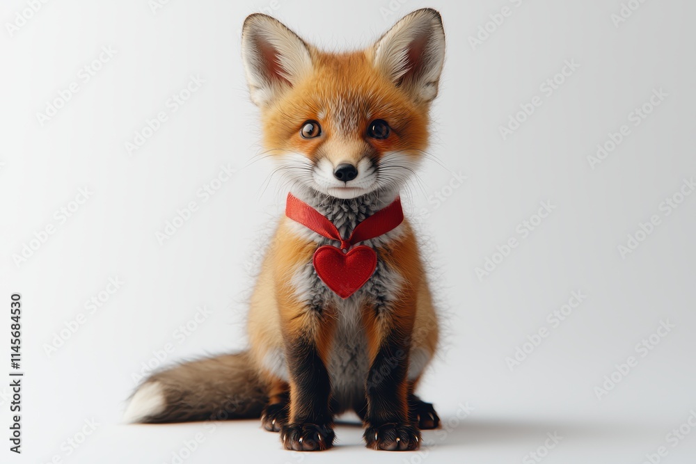 Naklejka premium Charming baby fox with red heart ribbon indoor setting high fidelity image adorable perspective love concept