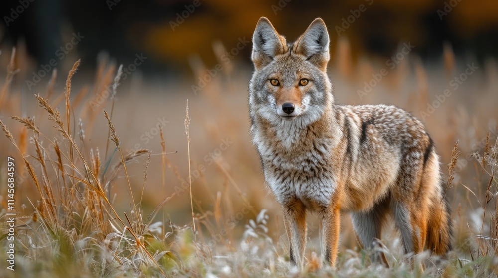 Fototapeta premium Realistic PNG of a coyote standing alert with transparent background for easy integration into designs.