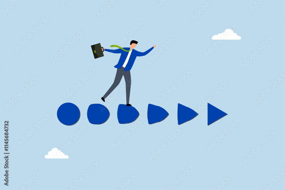 Business transformation change, entrepreneur company leader stride in circle convert to triangle facing arrow ahead. Business transformation change, entrepreneur company leader stride in circle convert to triangle facing arrow ahead.