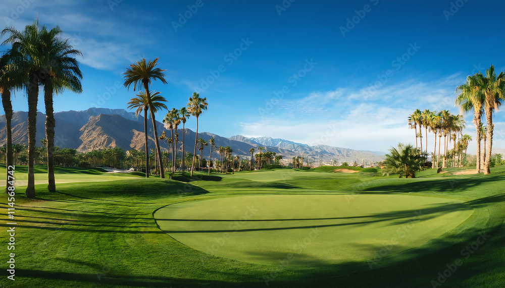 California Green lawn and palm trees on a golf course in Palm Spring California Green lawn and palm trees on a golf course in Palm Spring