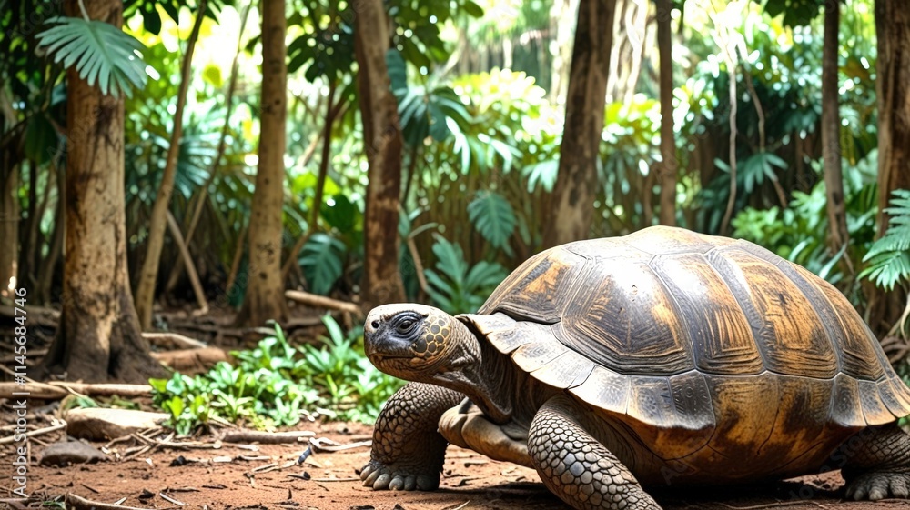 A large tortoise ambles through a lush green forest, its patterned shell blending with the natural surroundings, showcasing the beauty of wildlife in a vibrant ecosystem. A large tortoise ambles through a lush green forest, its patterned shell blending with the natural surroundings, showcasing the beauty of wildlife in a vibrant ecosystem.