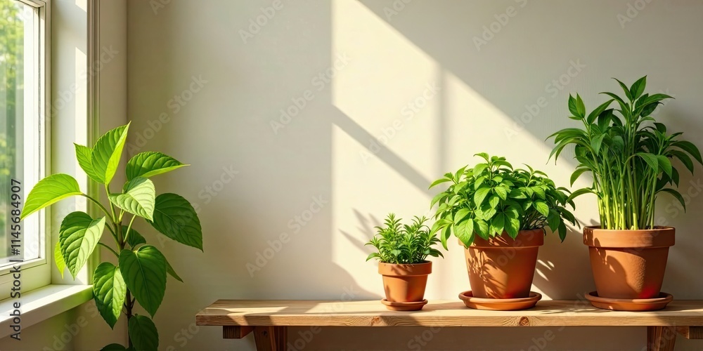 Sunlight Illuminates Vibrant Greenery Flourishing in Terracotta Pots on a Simple Wooden Shelf Sunlight Illuminates Vibrant Greenery Flourishing in Terracotta Pots on a Simple Wooden Shelf