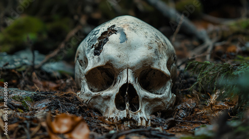 Skull, Forest Floor, Dark, Spooky, Halloween