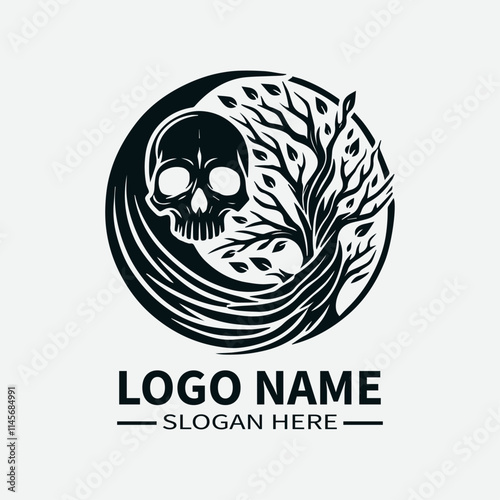 Tree of Life Skull Logo Design, Skull and Tree Symbol Logo, Life and Death Logo, Nature and Mortality Logo, Dark Fantasy Logo. 