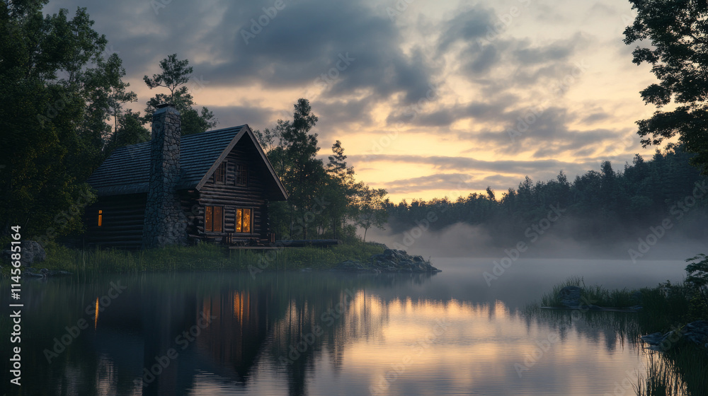 Misty Dawn Log Cabin Lake House 3D Render Misty Dawn Log Cabin Lake House 3D Render