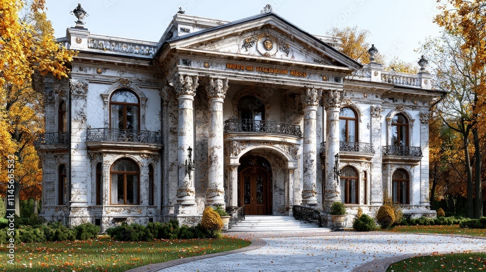 Fototapeta premium Grand autumnal mansion, neoclassical architecture, stone facade, pillars, fall foliage.