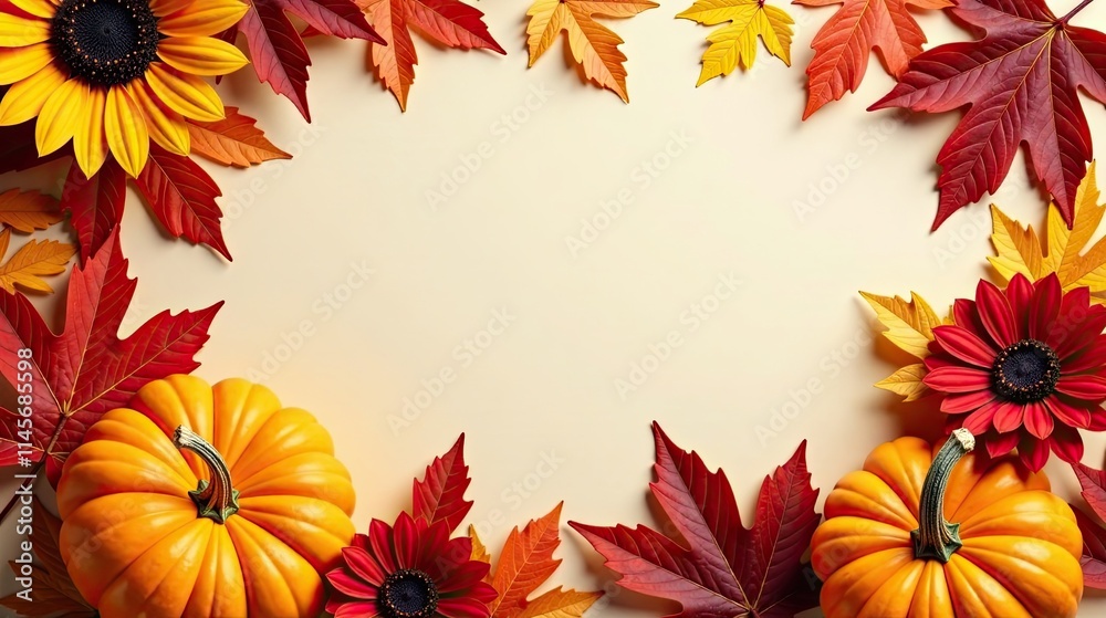 Autumnal Abundance A Festive Frame of Pumpkins, Sunflowers, and Vibrant Fall Leaves Autumnal Abundance A Festive Frame of Pumpkins, Sunflowers, and Vibrant Fall Leaves