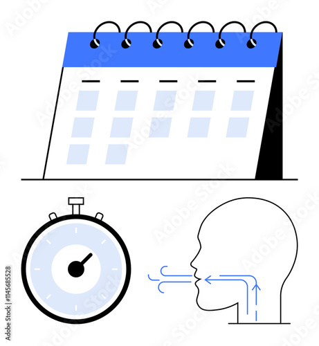 Calendar stopwatch and human head with breathing arrows. Ideal for time management, scheduling, relaxation, mindfulness, stress relief, productivity, planning. Line metaphor