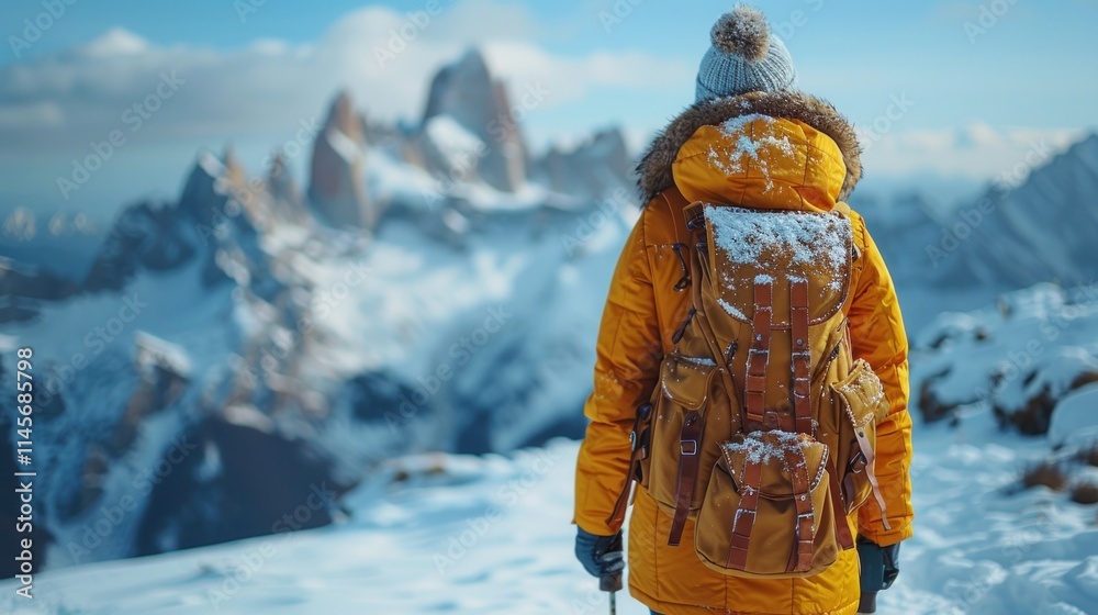 Traveler with backpack on snowy mountain peak, cut out Traveler with backpack on snowy mountain peak, cut out